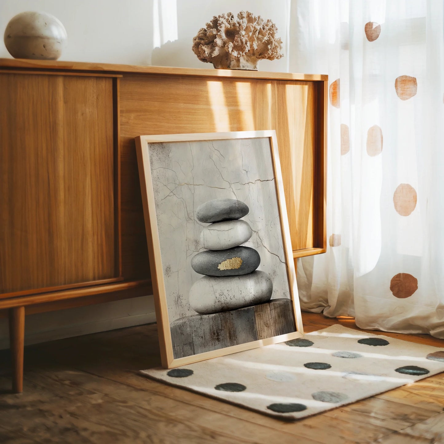 Zen Stone Stack Art Gold Accent Japandi in room