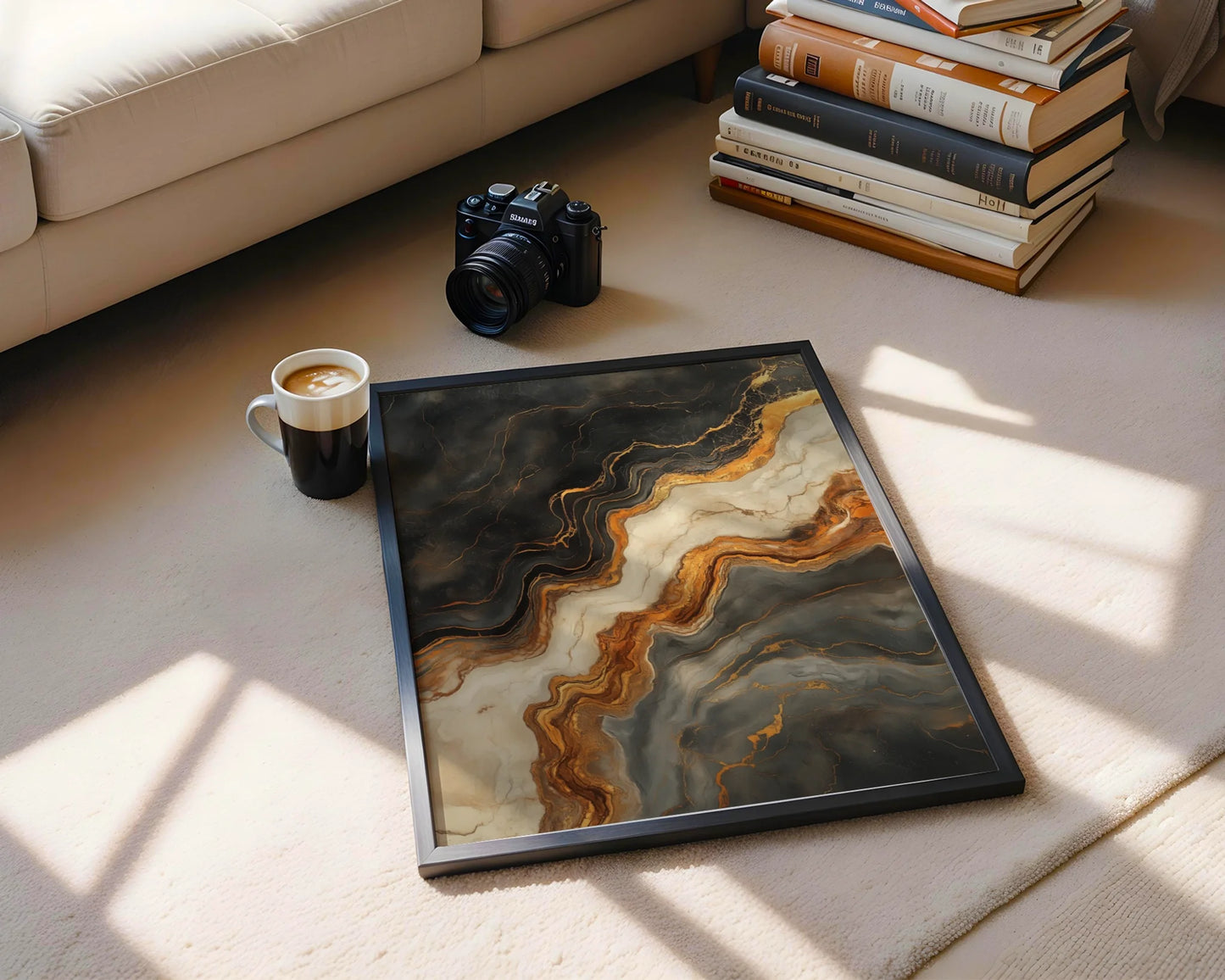 Dark Copper Flow Luxury Geological Canvas Wall Art — Minimalist living room showcasing dramatic bronze streams cascading through charcoal canvas for sleek decor