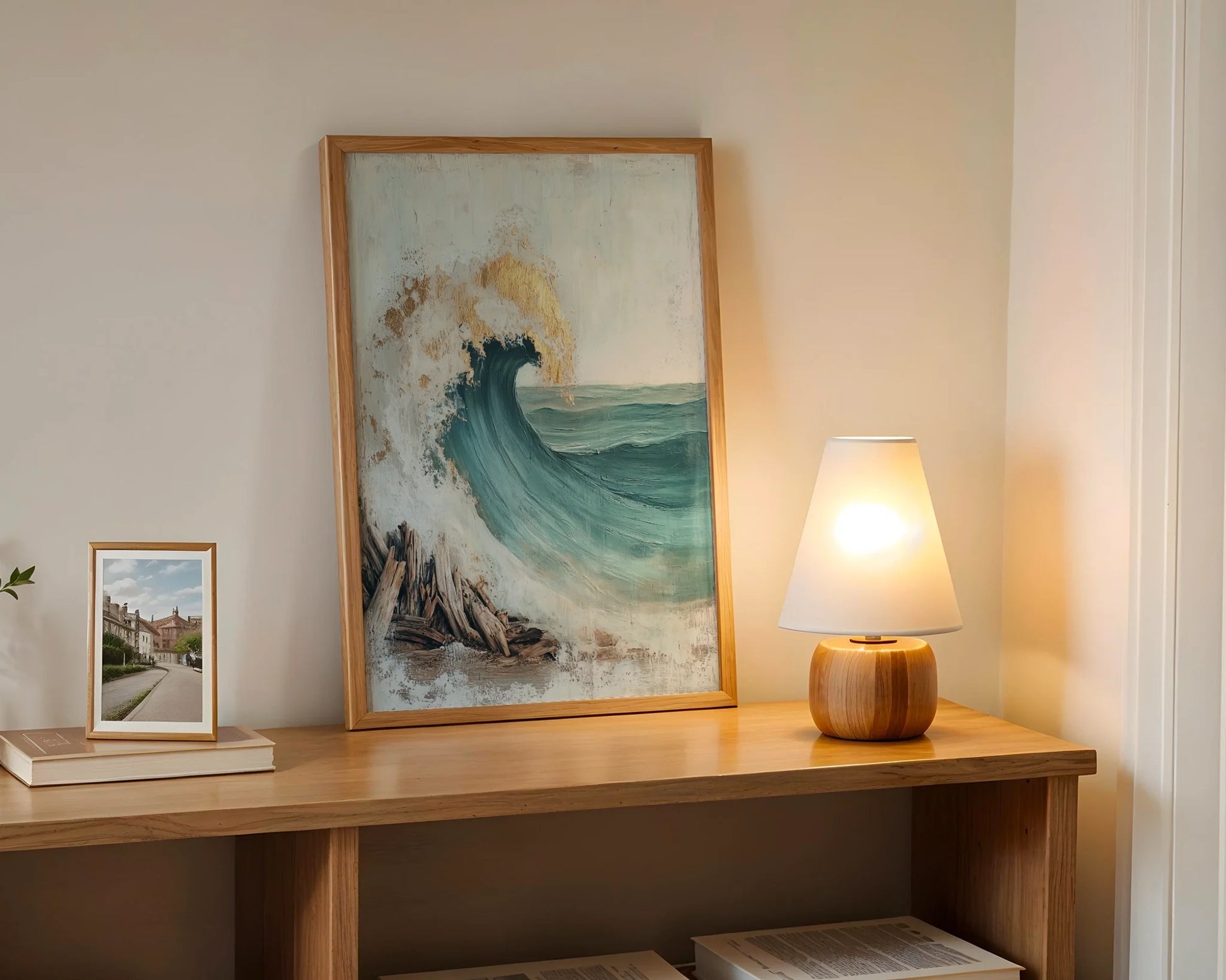 Ocean Wave Crashing Driftwood Textured Canvas Wall Art — Scandinavian interior displaying foaming breakers above salt-worn lumber for lakehouse aesthetics