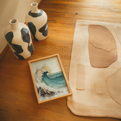 Ocean Wave Crashing Driftwood Textured Canvas Wall Art — Industrial loft featuring wild surf cascading over smooth driftwood for urban coastal vibes
