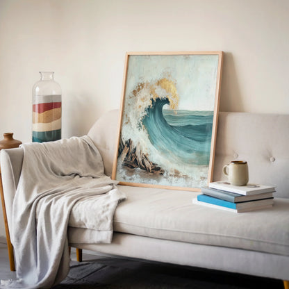 Ocean Wave Crashing Driftwood Textured Canvas Wall Art — Sage green and cream tones create depth in this heavily layered seascape for neutral interiors