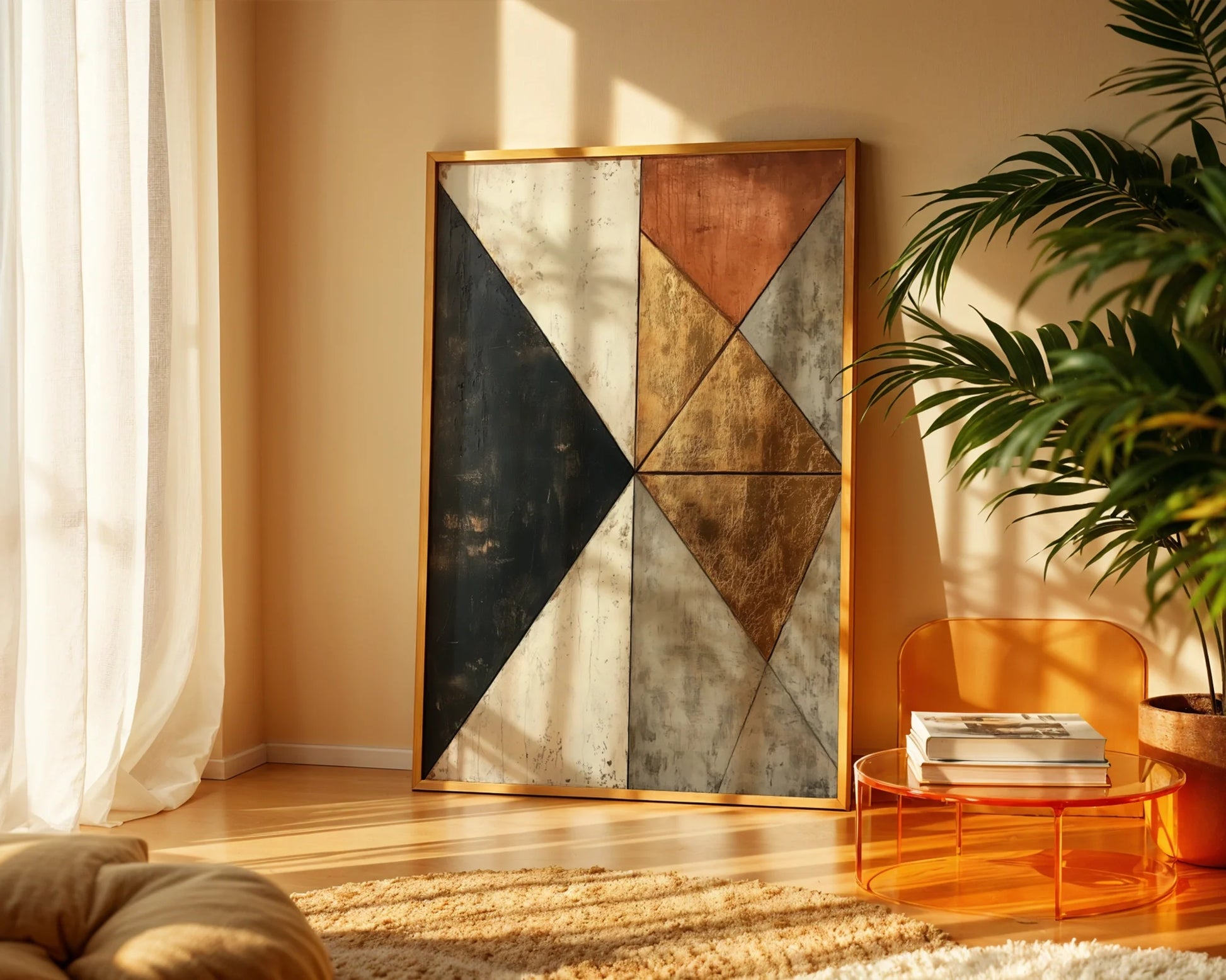 Gold Leaf Abstract Fractured Compass Rose Canvas Wall Art — Contemporary artwork featuring exploding directional star bursting from textured stone surface for urban home decor