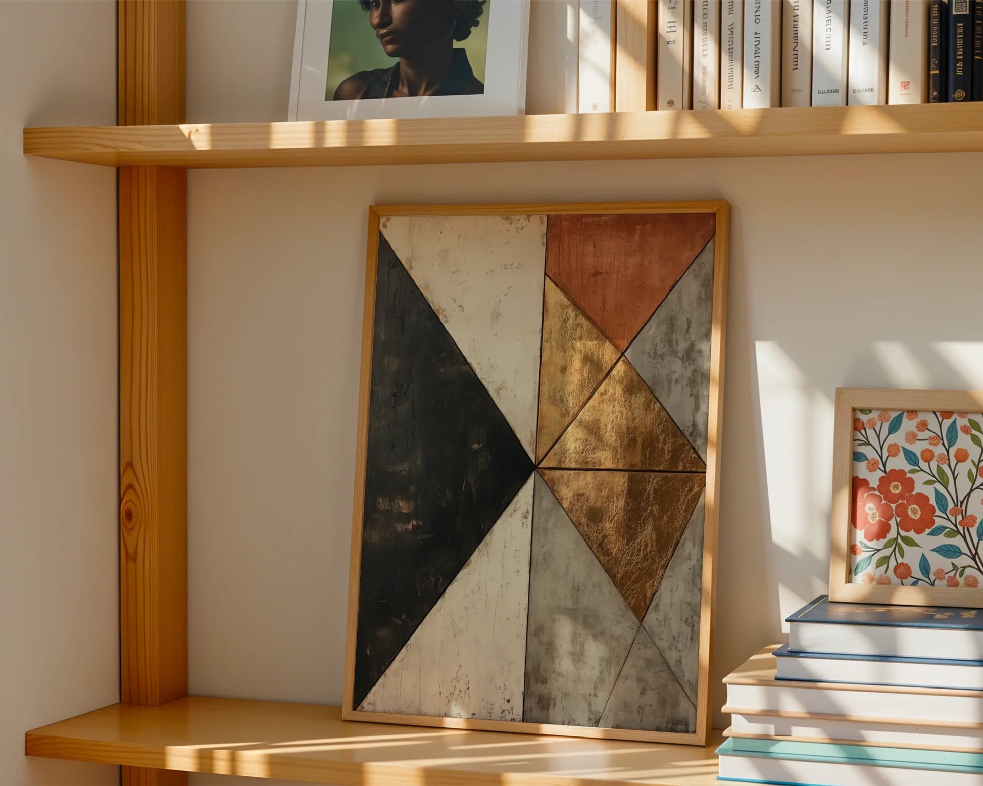 Gold Leaf Abstract Fractured Compass Rose Canvas Wall Art — Sophisticated canvas displaying shattered navigation symbol emerging from aged cement backdrop in upscale interior