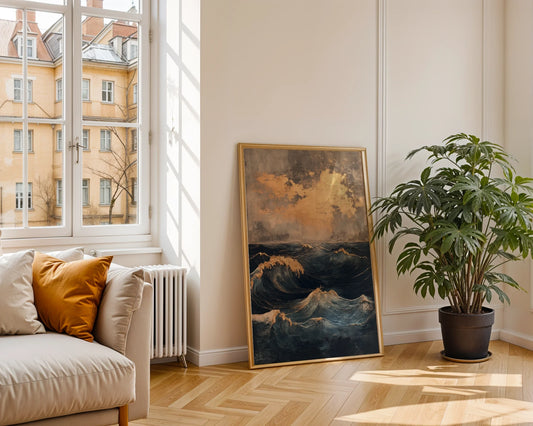 Stormy Ocean Waves Golden Foam Luxury Canvas Wall Art — Sophisticated nautical artwork showcases turbulent seas with gilded crests in upscale home decor