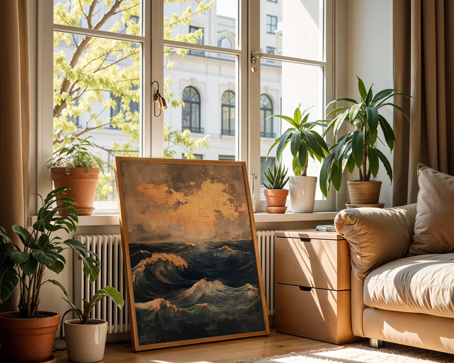 Stormy Ocean Waves Golden Foam Luxury Canvas Wall Art — Atmospheric nautical piece displays churning waters with bronze highlights in designer setting