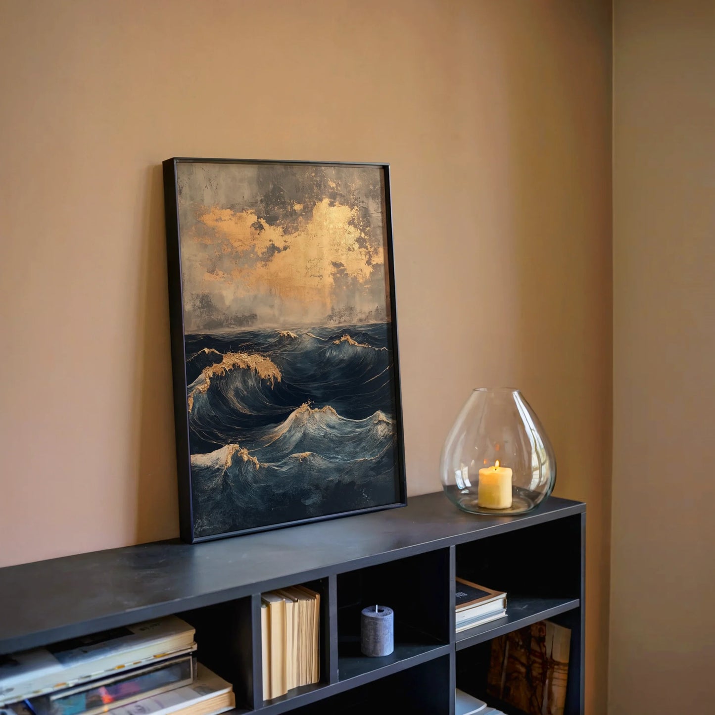 Stormy Ocean Waves Golden Foam Luxury Canvas Wall Art — Minimalist oceanic work shows windswept waters with metallic accents for chic home styling