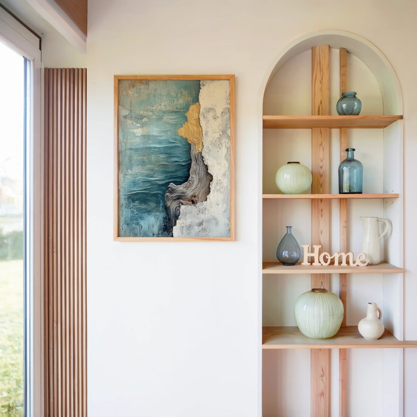 Turquoise Ocean Cliffs Textured Coastal Canvas Wall Art — Industrial loft displaying layered sedimentary bluffs meeting crystalline seas for urban home decoration