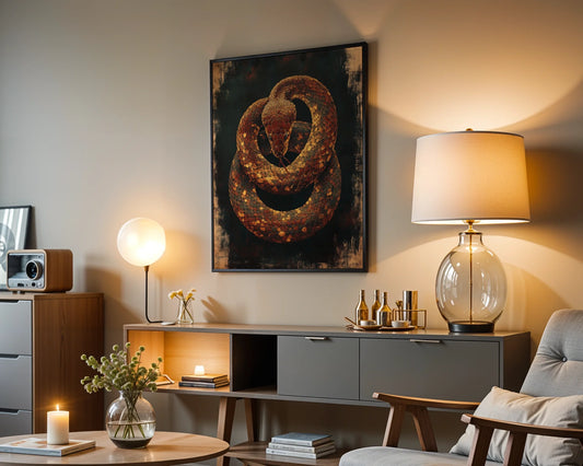 Copper Snake Art Dark Academia Serpent Canvas Wall Art — Scholarly viper artwork displayed on canvas in vintage academic interior with leather-bound books