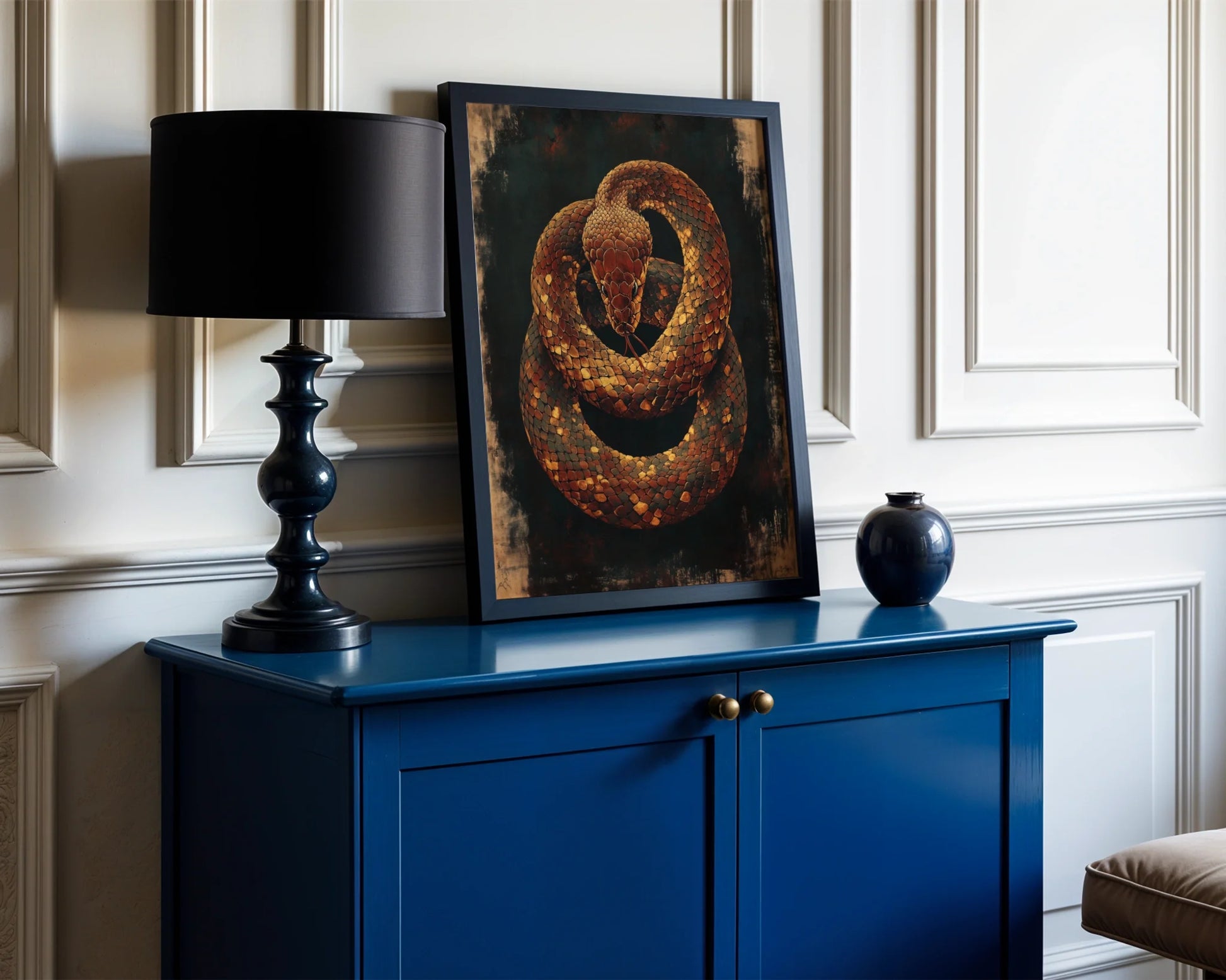 Copper Snake Art Dark Academia Serpent Canvas Wall Art — Mysterious python painting creates atmospheric focal point in romantic gothic home styling