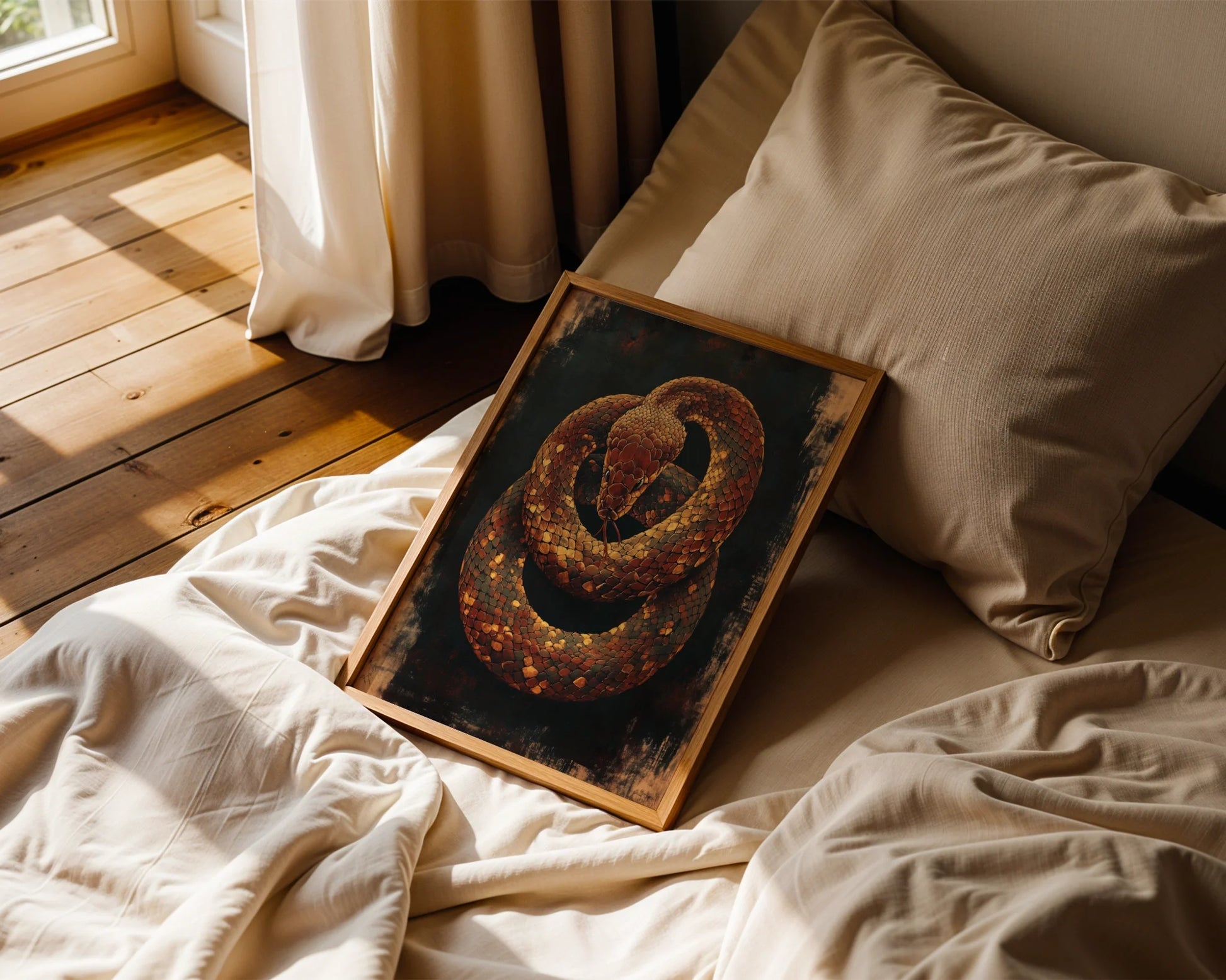 Copper Snake Art Dark Academia Serpent Canvas Wall Art — Elegant reptile illustration on canvas brings classic sophistication to traditional decor