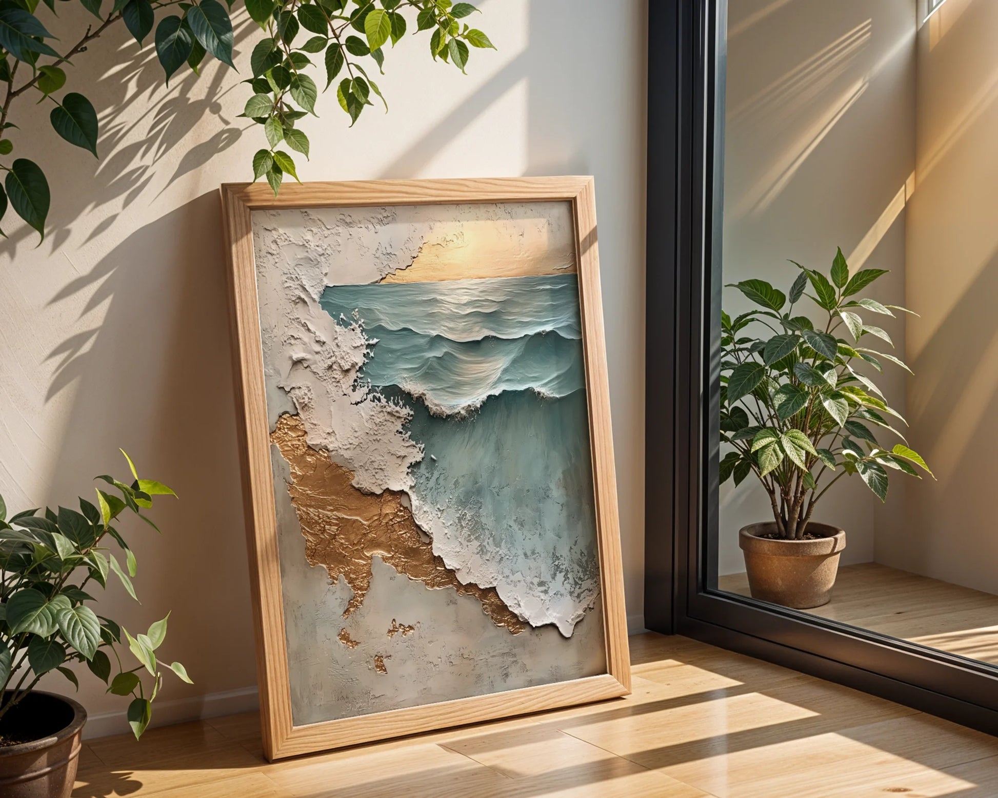 Textured Ocean Art Gold Leaf Weathered Shore in room