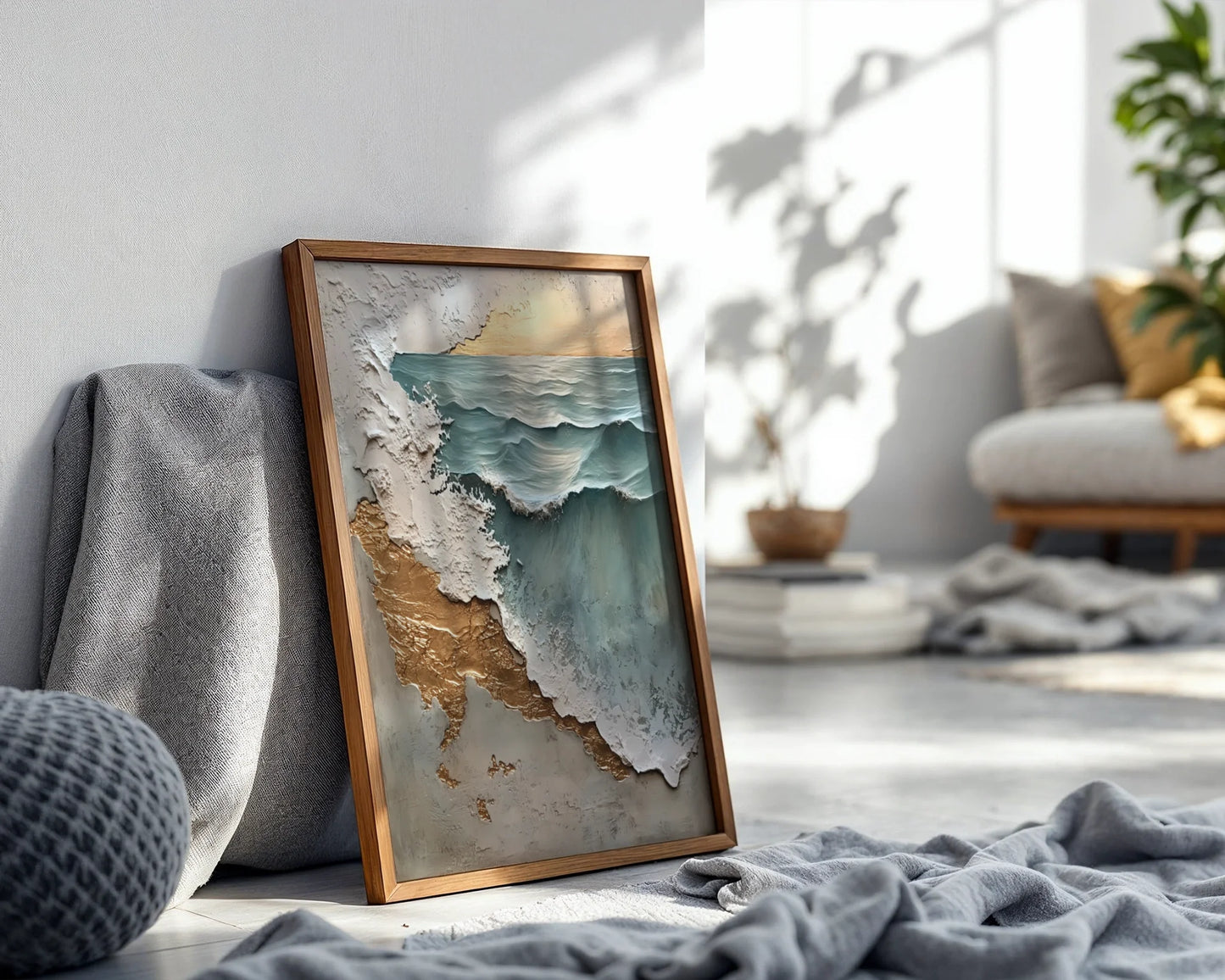 Textured Ocean Art Gold Leaf Weathered Shore in room