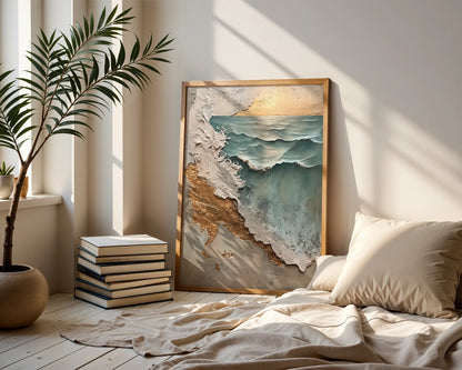 Textured Ocean Art Gold Leaf Weathered Shore Canvas Wall Art — Industrial beachscape print displays weathered surface opening to reveal metallic coastline details