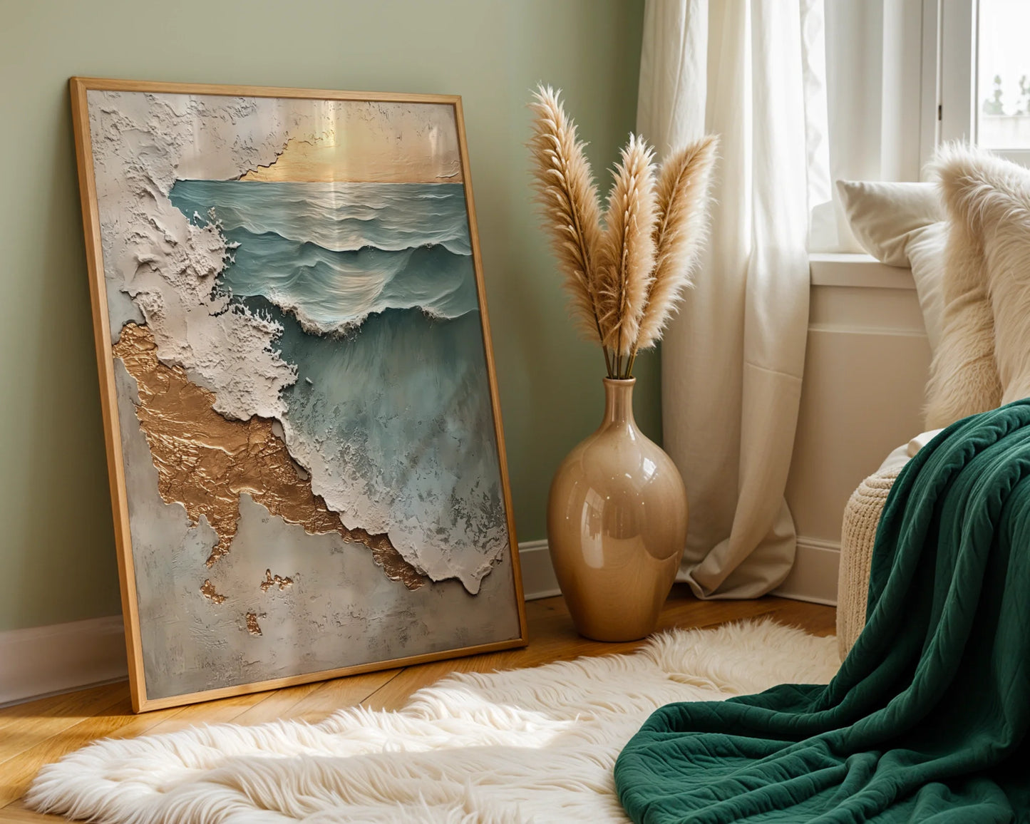 Textured Ocean Art Gold Leaf Weathered Shore Canvas Wall Art — Vintage-inspired maritime canvas shows distressed plaster peeling away to expose gilded oceanfront