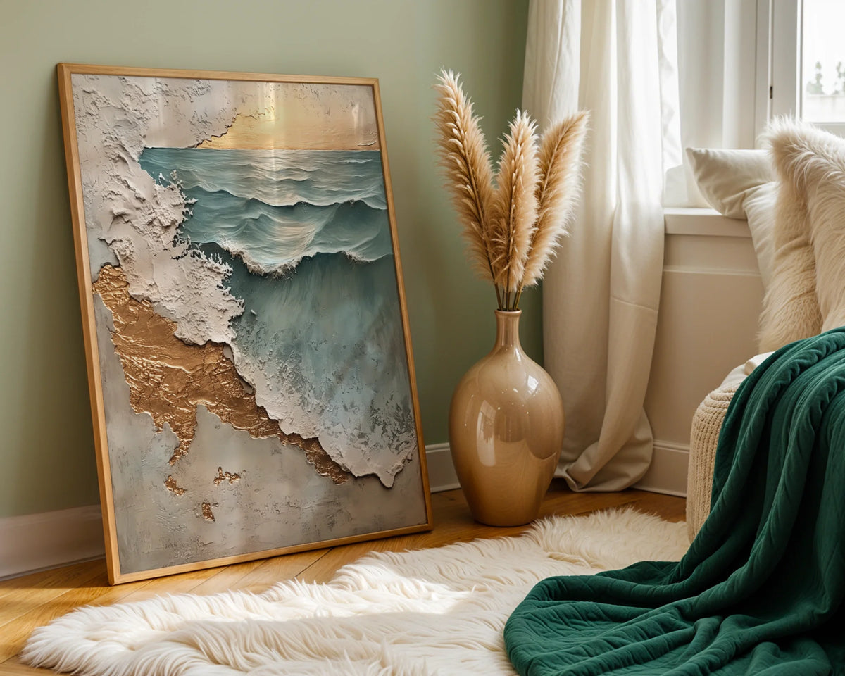 Textured Ocean Art Gold Leaf Weathered Shore in room