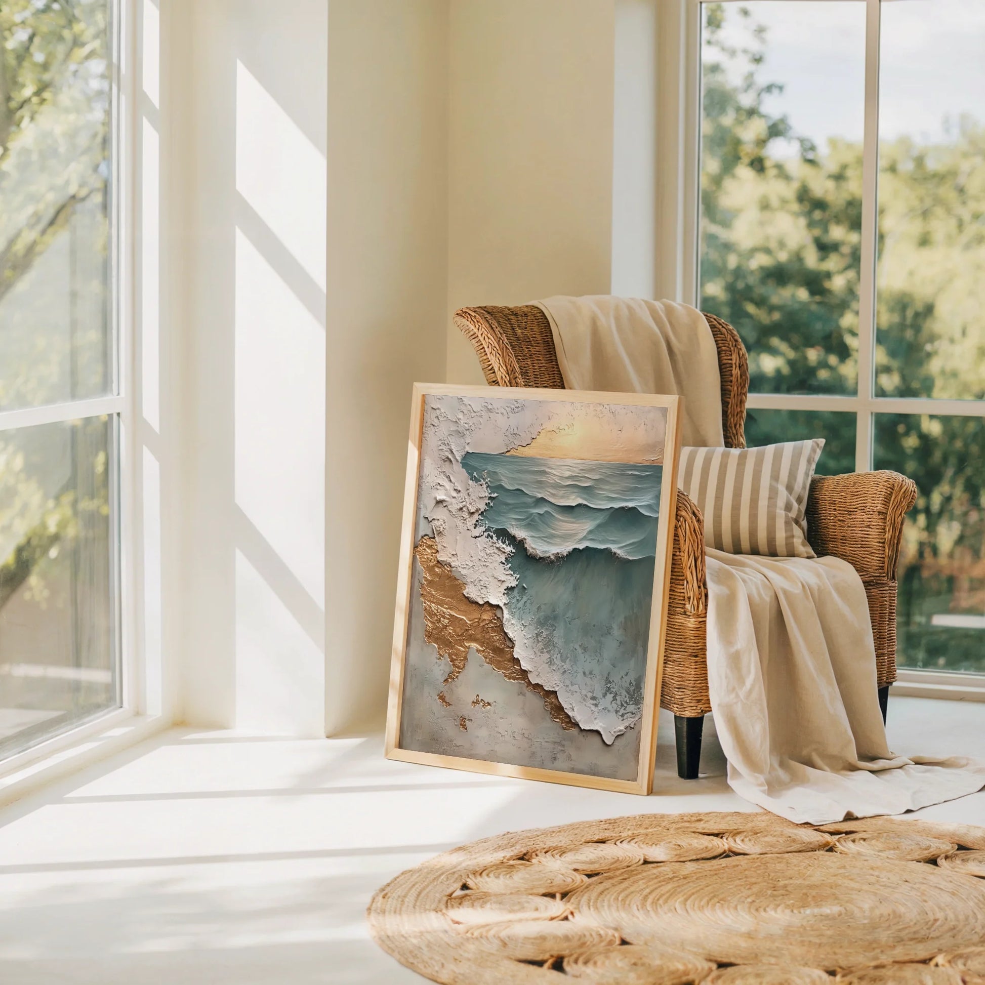 Textured Ocean Art Gold Leaf Weathered Shore in room