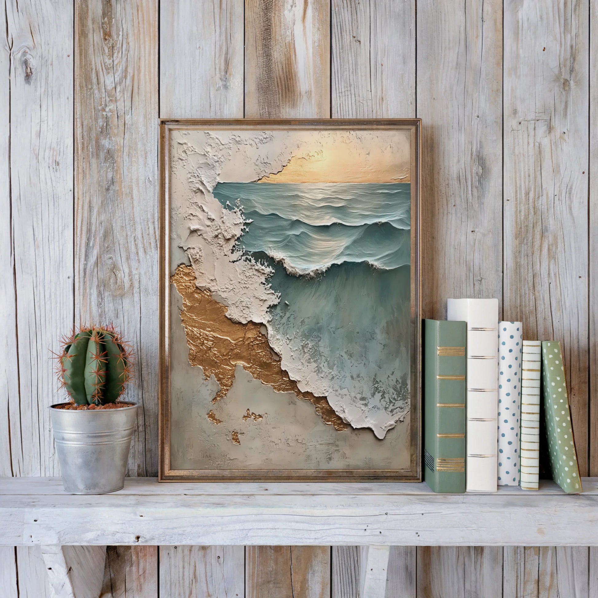 Textured Ocean Art Gold Leaf Weathered Shore Canvas Wall Art — Sage green and cream tones blend in this smooth-to-rough textured beach canvas for stylish homes