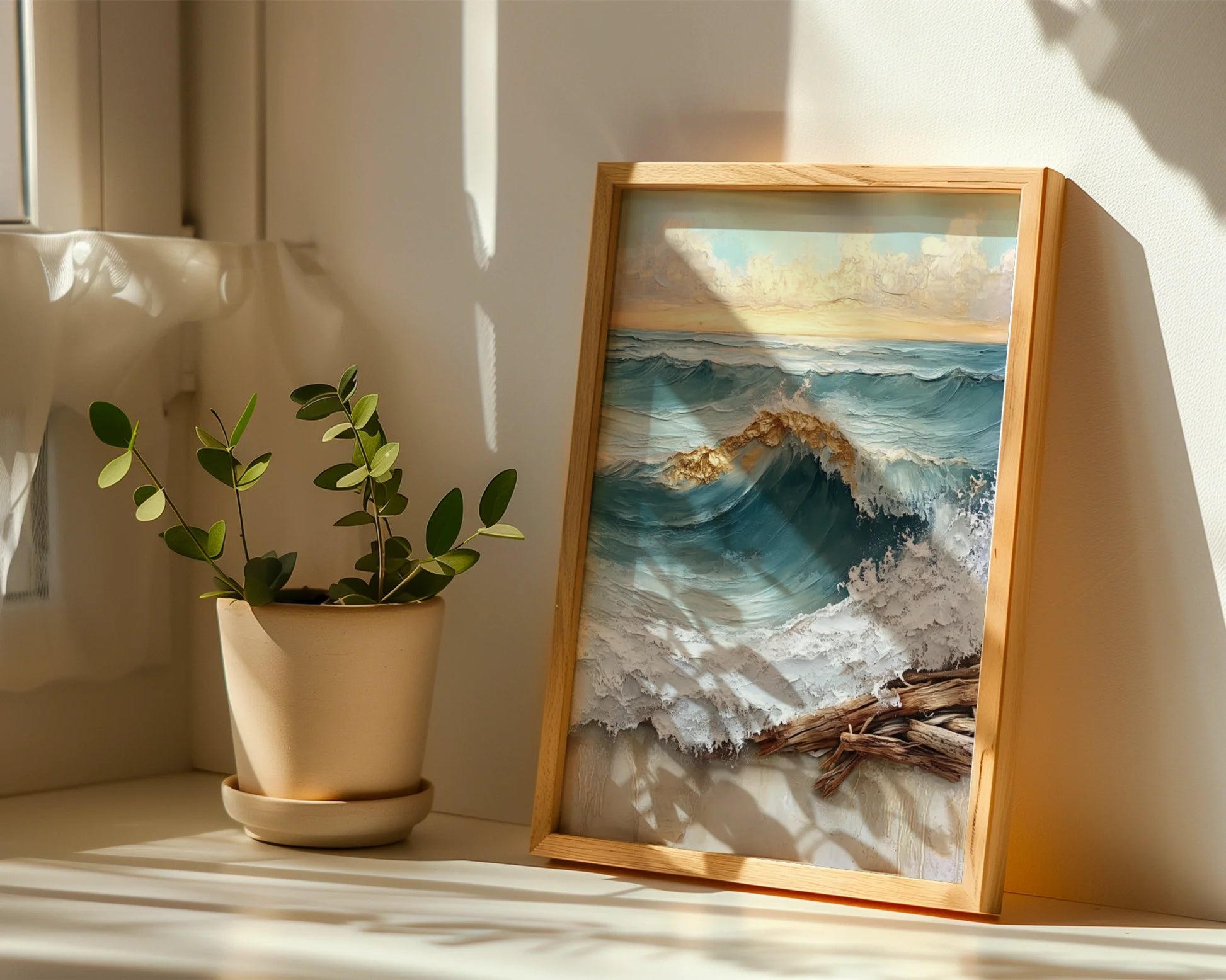 Large Ocean Wave Golden Foam Textured Canvas Wall Art — Minimalist dining room showcasing dramatic seascape canvas with crashing wave for contemporary home decor