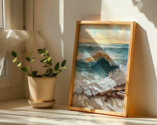 Large Ocean Wave Golden Foam Textured Canvas Wall Art — Minimalist dining room showcasing dramatic seascape canvas with crashing wave for contemporary home decor