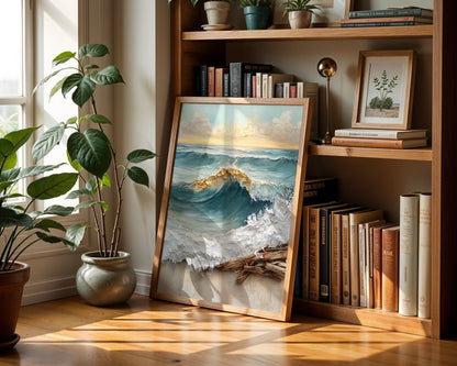 Large Ocean Wave Golden Foam Textured Canvas Wall Art — Scandinavian living space displaying surf-inspired wall art with frothy whitecaps for clean home styling