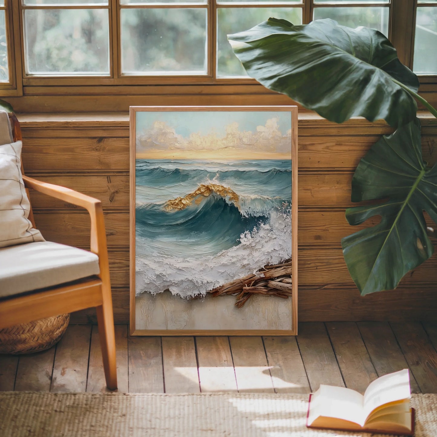 Large Ocean Wave Golden Foam Textured Canvas Wall Art — Rustic entryway displaying oceanscape wall piece with surging tide for coastal cottage interior design