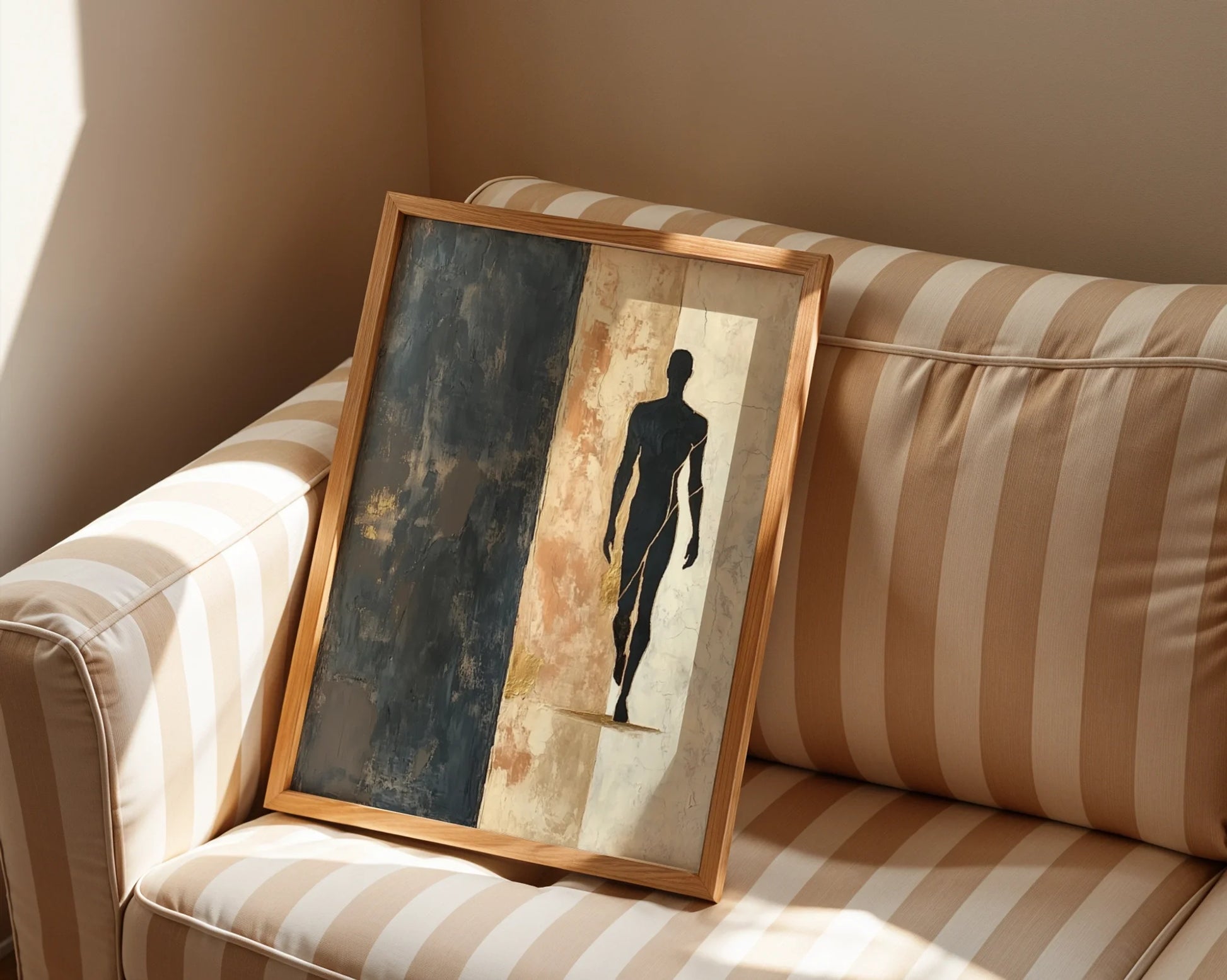 Blue Abstract Figure Walking Threshold Canvas Wall Art — Minimalist canvas featuring lone person stepping through passage for contemporary home decor styling