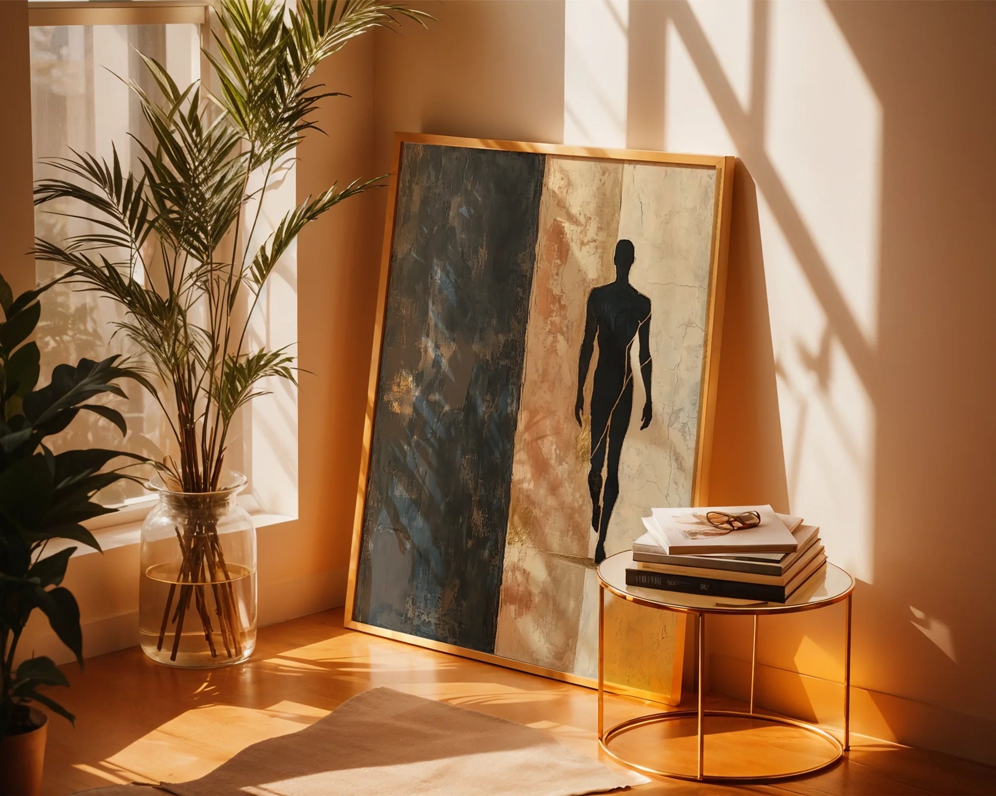 Blue Abstract Figure Walking Threshold Canvas Wall Art — Sleek wall piece displaying shadowy figure navigating doorframe for chic home styling inspiration