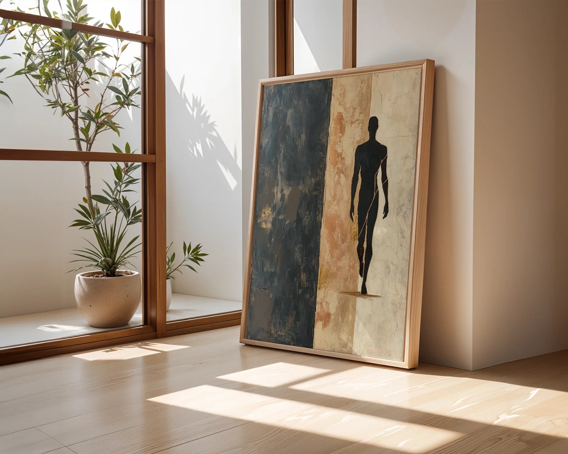 Blue Abstract Figure Walking Threshold Canvas Wall Art — Weathered canvas print with human outline in opening adds character to refined interior spaces
