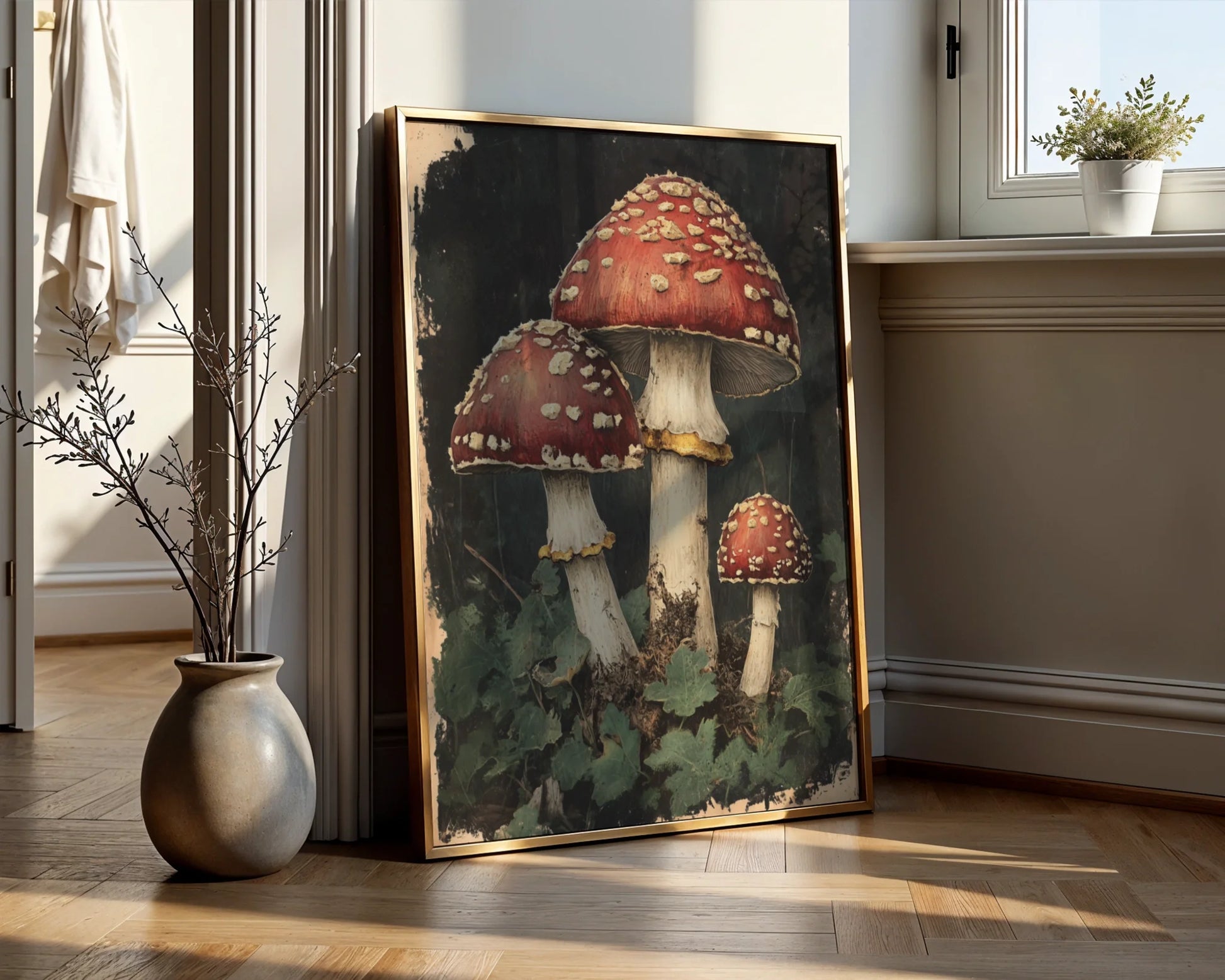 Red Spotted Mushroom Dark Academia Botanical Canvas Wall Art — Scholarly room featuring three shadowy toadstools with ivory caps on canvas for academic decor