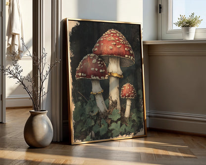 Red Spotted Mushroom Dark Academia Botanical Canvas Wall Art — Scholarly room featuring three shadowy toadstools with ivory caps on canvas for academic decor