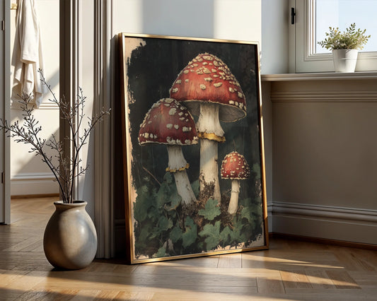 Red Spotted Mushroom Dark Academia Botanical Canvas Wall Art — Scholarly room featuring three shadowy toadstools with ivory caps on canvas for academic decor