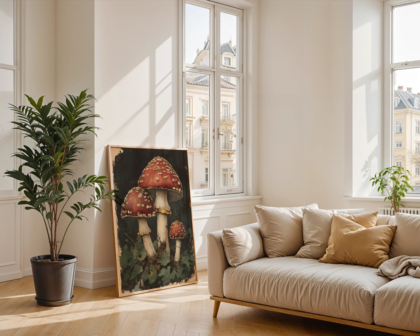 Red Spotted Mushroom Dark Academia Botanical Canvas Wall Art — Victorian-inspired study showcasing mysterious woodland specimens artwork for traditional interiors