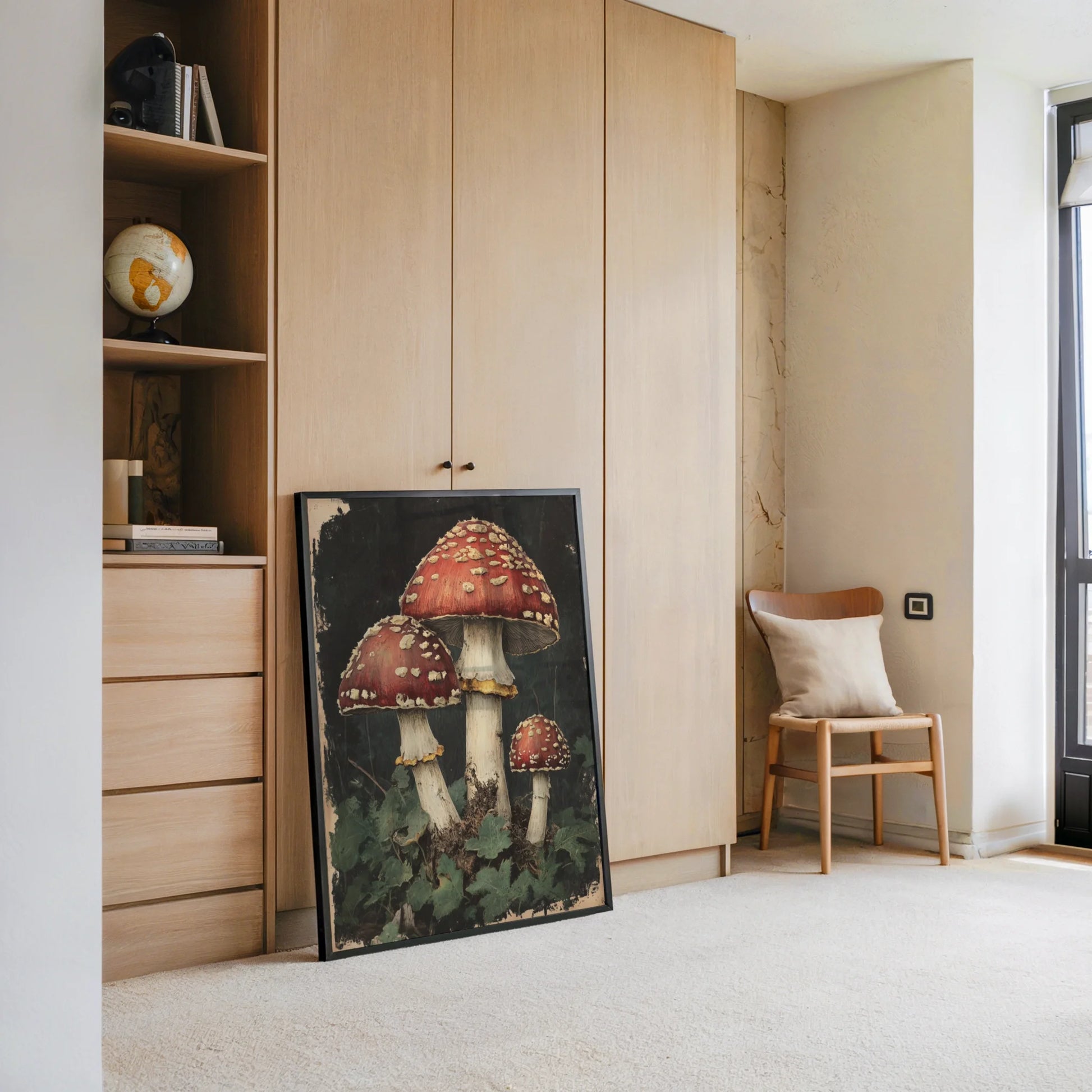 Red Spotted Mushroom Dark Academia Botanical Canvas Wall Art — Vintage-style room featuring cryptic forest treasures artwork for nostalgic home aesthetics