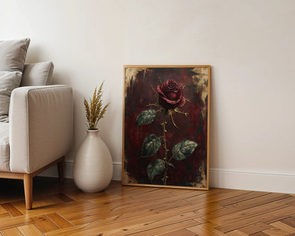 Dark Romantic Rose Burgundy Thorns Gothic Canvas Wall Art — Dramatic floral canvas showcased in brooding study space featuring rich textures and dim atmospheric lighting