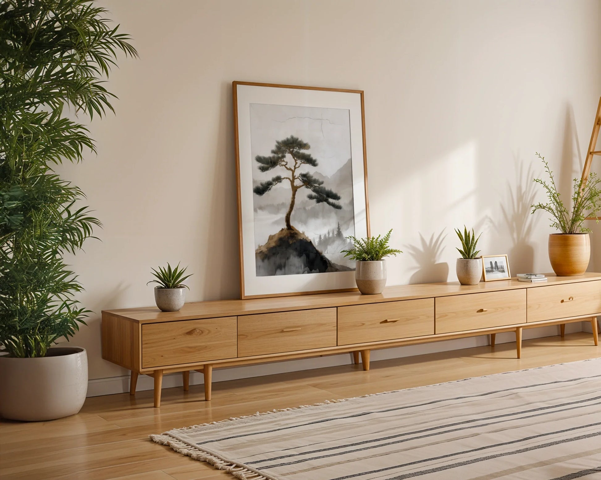 Mountain Pine Tree Japandi Misty Cliff Canvas Wall Art — Minimalist canvas featuring solitary tree on rocky outcrop for contemporary living spaces