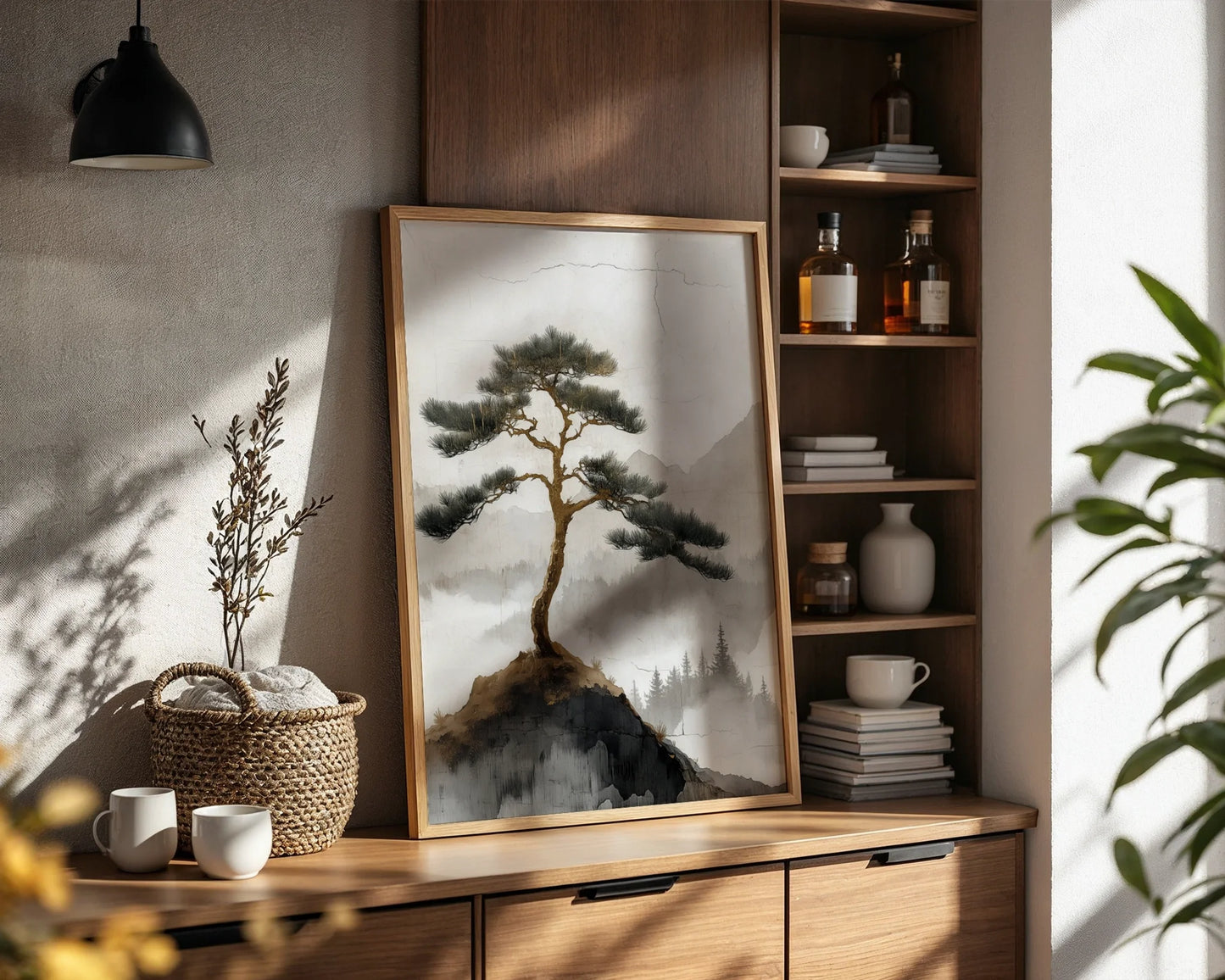 Mountain Pine Tree Japandi Misty Cliff Canvas Wall Art — Serene landscape artwork showing gnarled branch emerging from stone ledge in modern interior