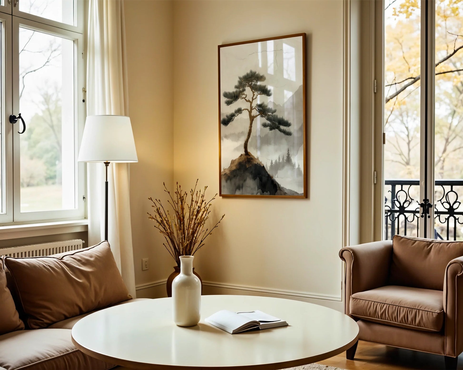 Mountain Pine Tree Japandi Misty Cliff in room