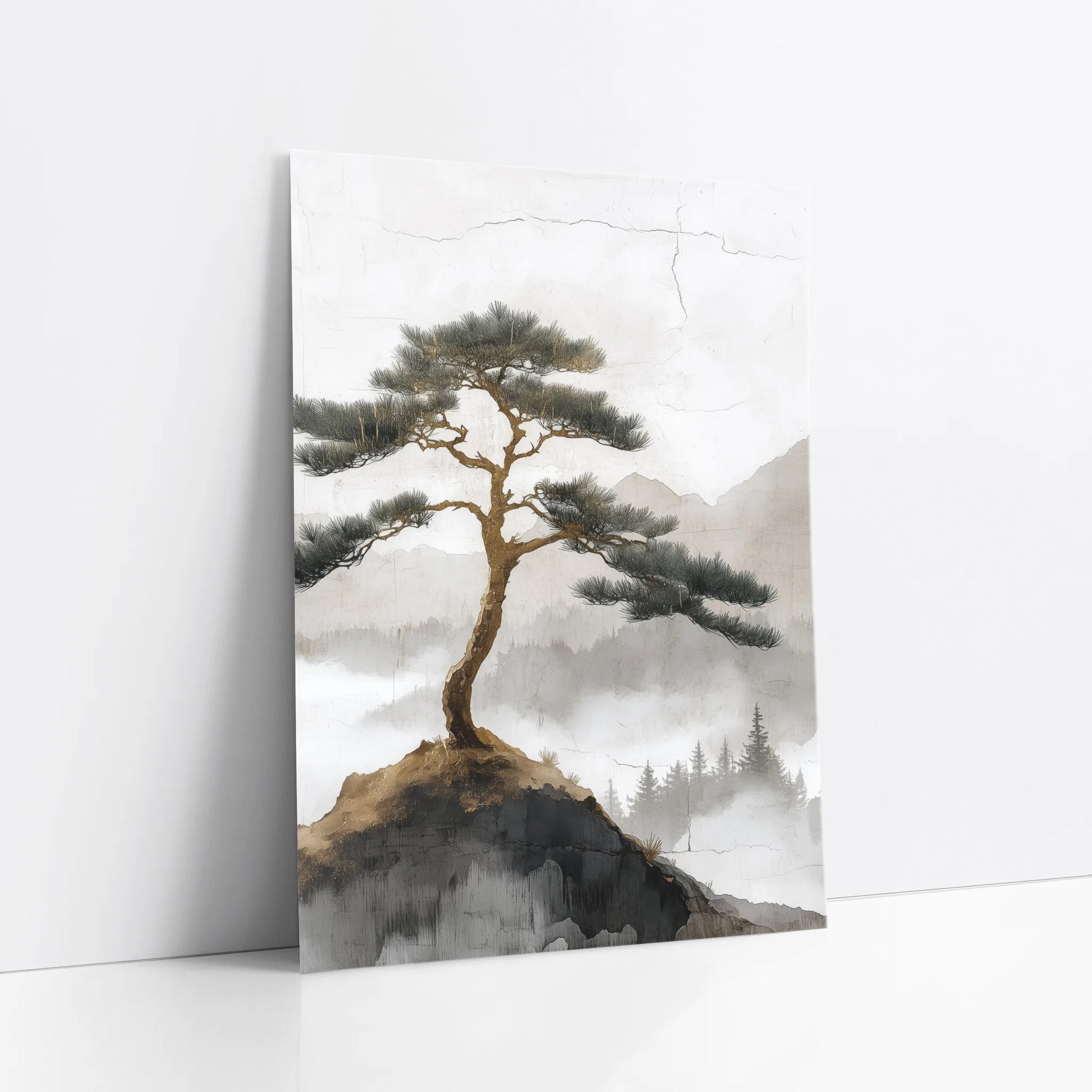 Mountain Pine Tree Japandi Misty Cliff art print