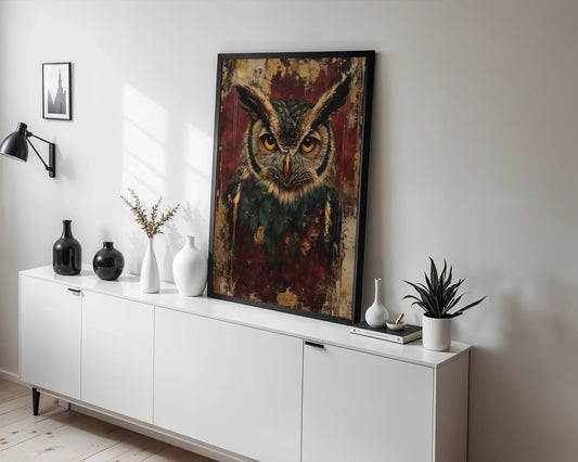 Wise Owl Bronze Ruins Dark Academia Canvas Wall Art — Scholarly owl guardian canvas displaying rich academic aesthetic for sophisticated interior design