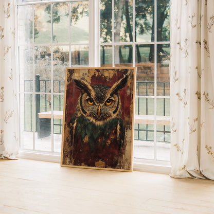 Wise Owl Bronze Ruins Dark Academia Canvas Wall Art — Weathered owl protector canvas showcasing earthy textures for farmhouse interior design