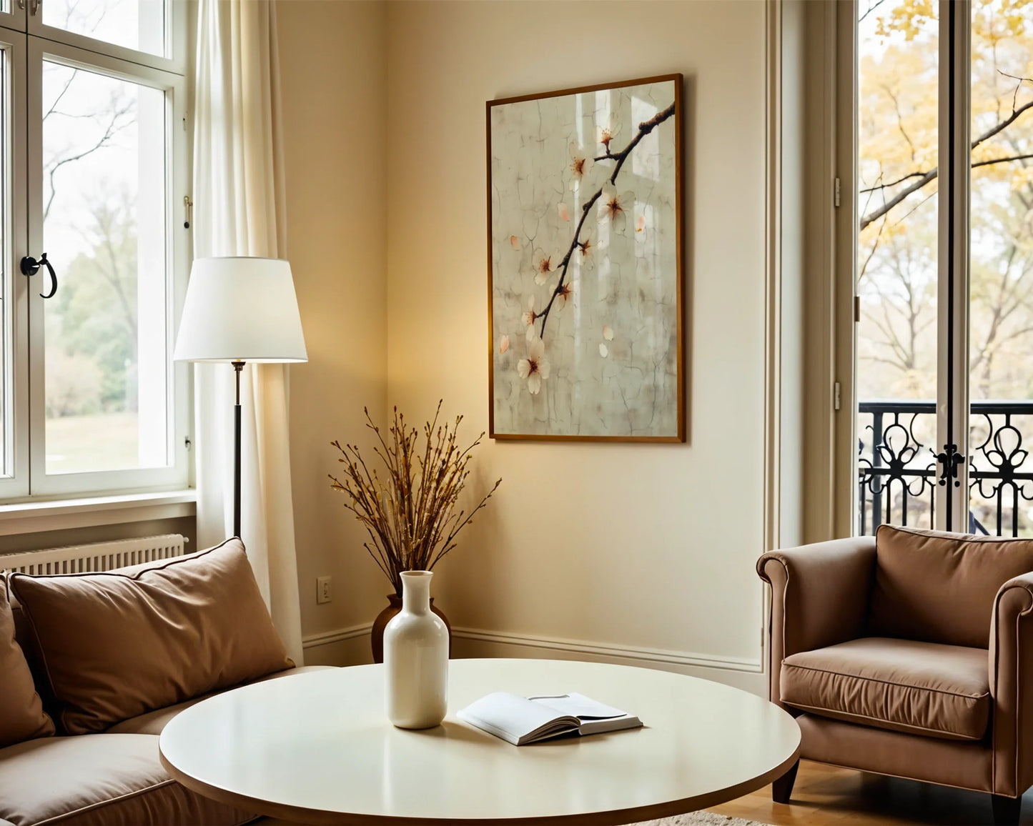 Cherry Blossom Art Cracked Fresco Japandi Canvas Wall Art — Modern zen aesthetic meets delicate spring blooms on distressed wall treatment for contemporary homes