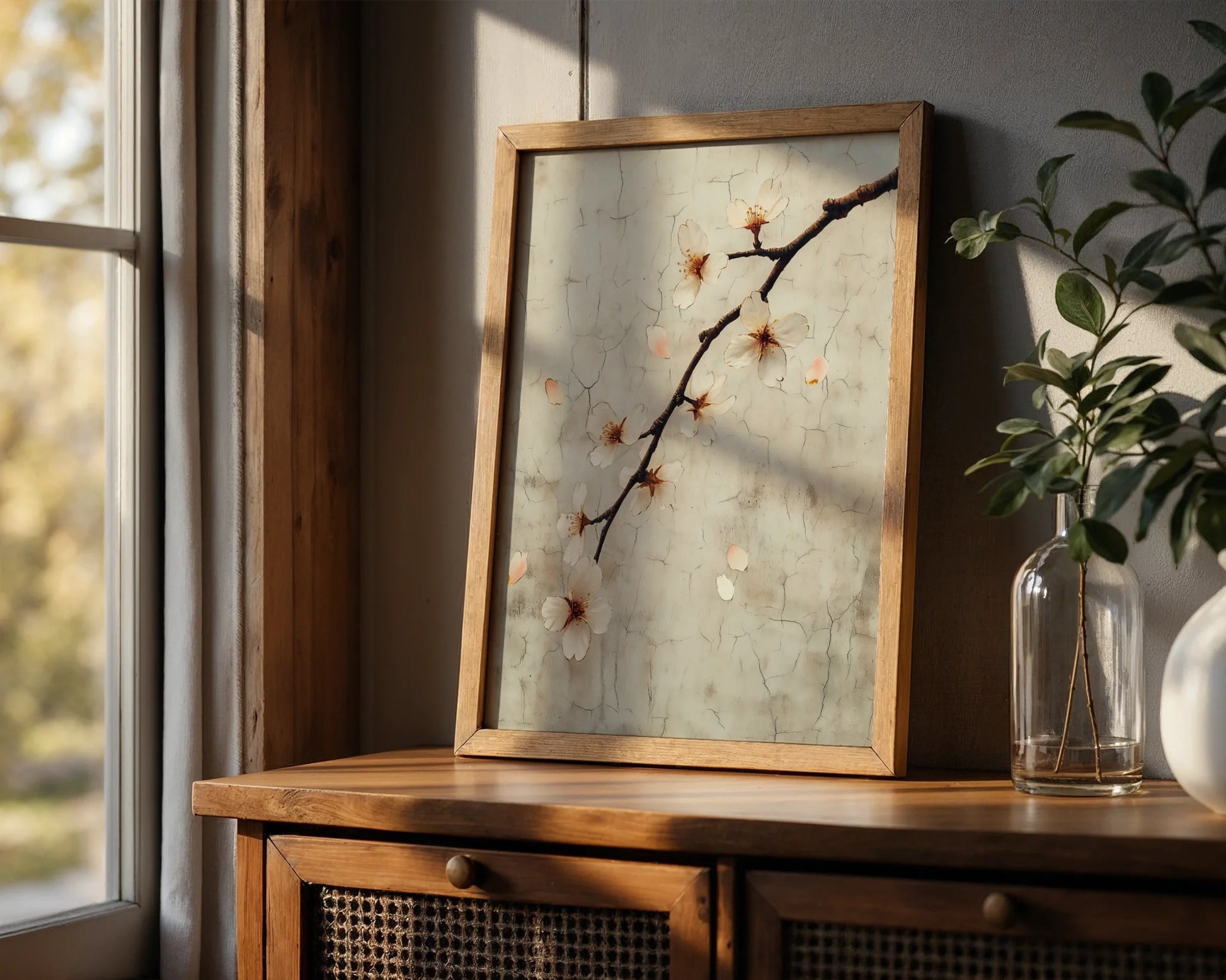 Cherry Blossom Art Cracked Fresco Japandi in room