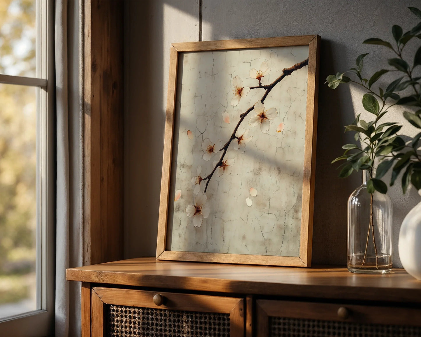 Cherry Blossom Art Cracked Fresco Japandi in room
