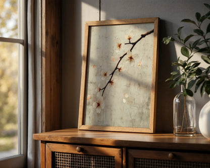 Cherry Blossom Art Cracked Fresco Japandi in room
