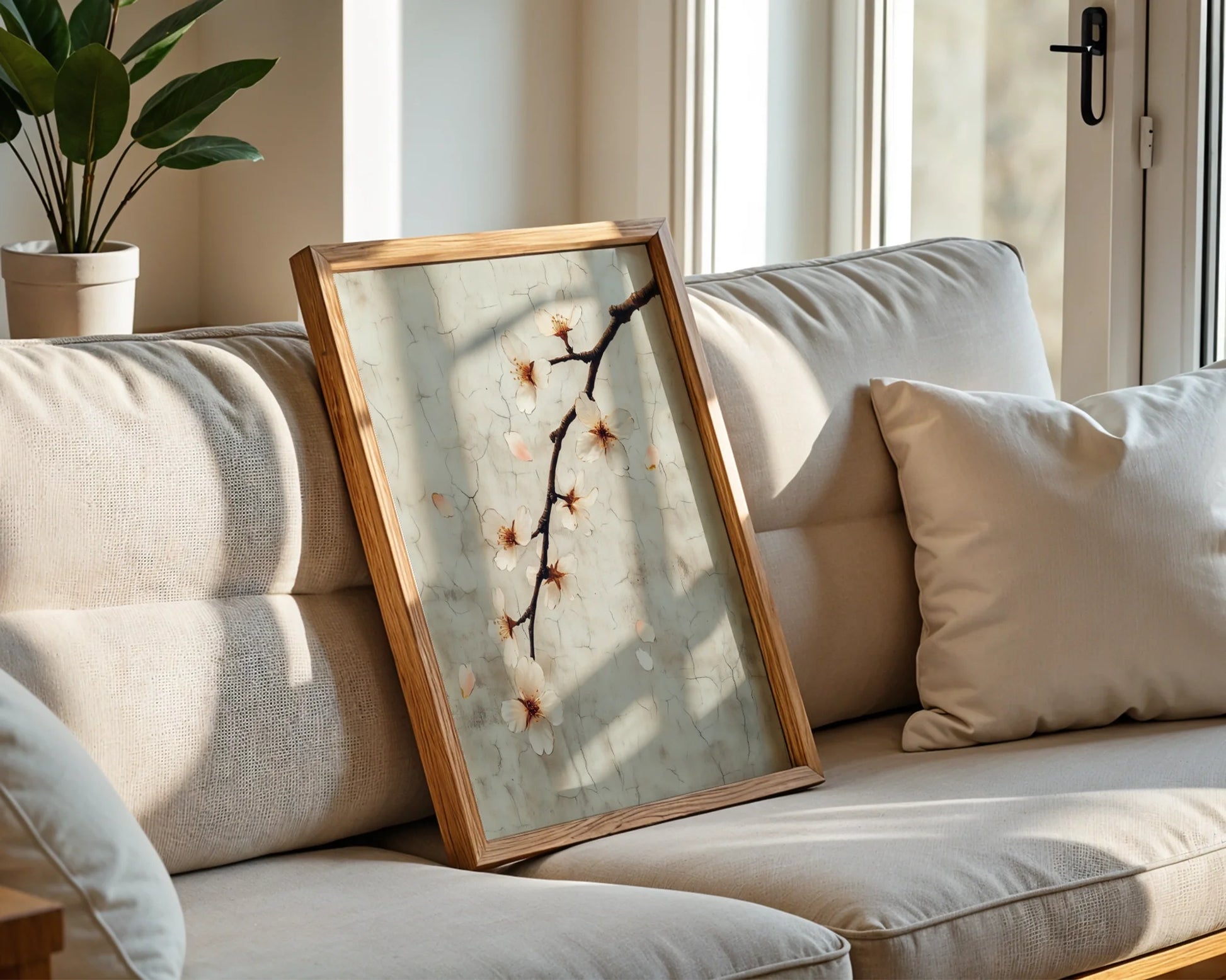 Cherry Blossom Art Cracked Fresco Japandi Canvas Wall Art — Eastern-inspired artwork featuring organic florals on time-worn backdrop for peaceful home styling