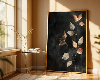 Copper Botanical Art Metallic Leaves Charcoal Canvas Print — Elegant canvas showcasing burnished stems in sophisticated home decor setting with rich textures