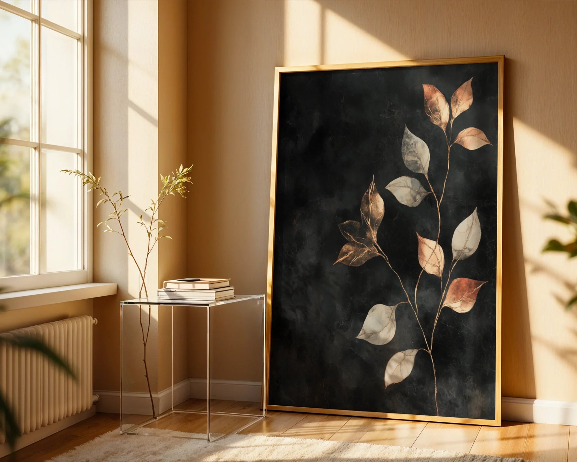 Copper Botanical Art Metallic Leaves Charcoal in room