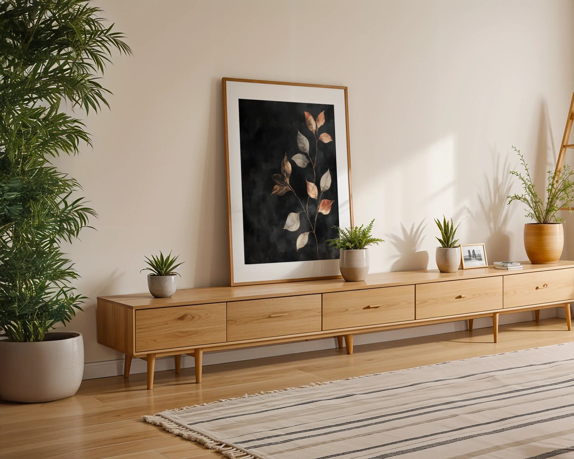 Copper Botanical Art Metallic Leaves Charcoal in room
