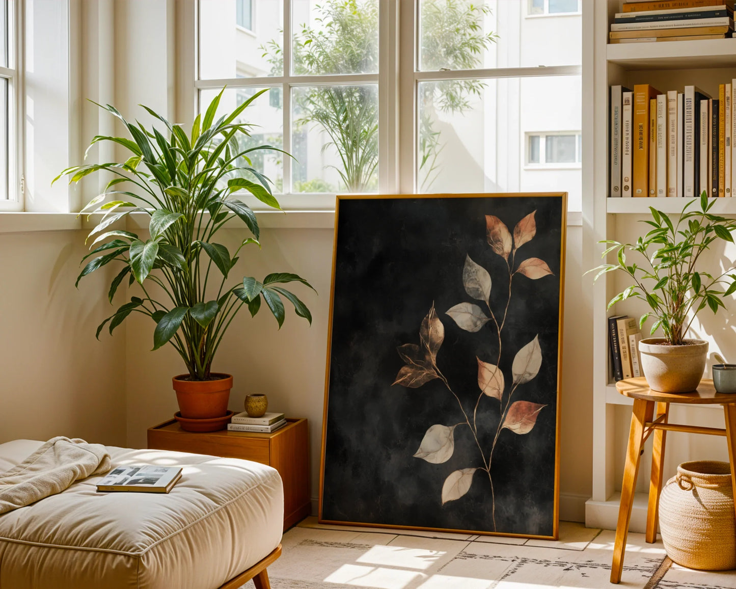 Copper Botanical Art Metallic Leaves Charcoal in room