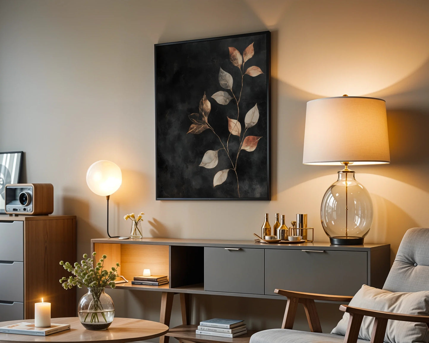 Copper Botanical Art Metallic Leaves Charcoal in room